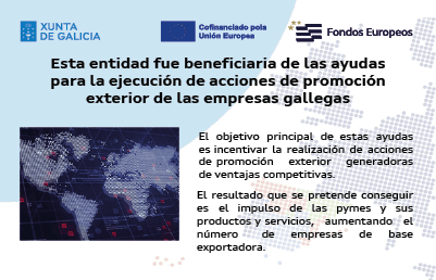 Xunta de Galicia · Cofinanciado por la Unión Europea · Fondos Europeos — beneficiaria de las ayudas para la ejecución de acciones de promoción exterior de las empresas gallegas (Galicia Exporta Empresas · Igape).